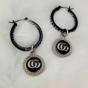 GG Zipper Pull Charms Silver Black Black Earrings Rhinestone